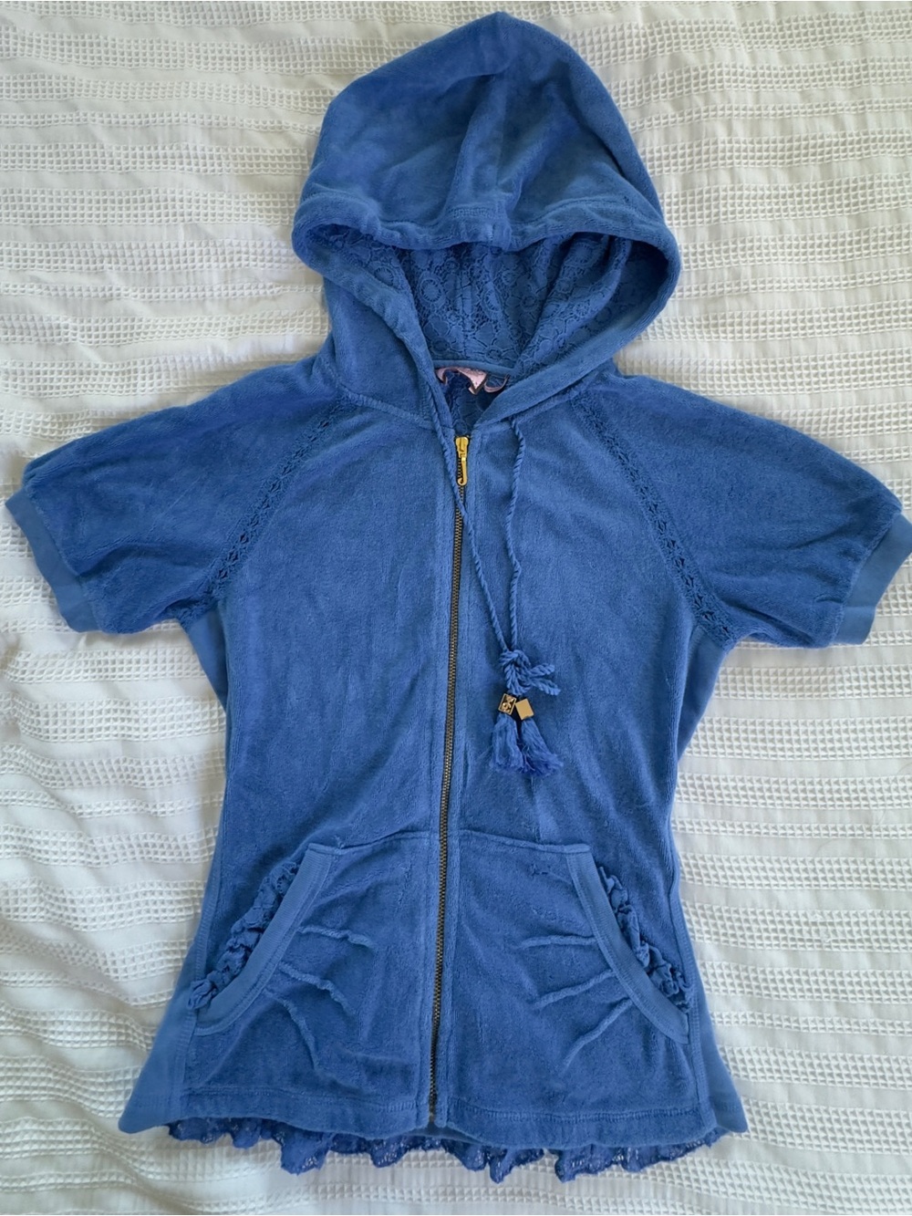 NEW Juicy Couture Royal Blue Terry Cloth Short Sleeve Hoodie Size Medium W Lace